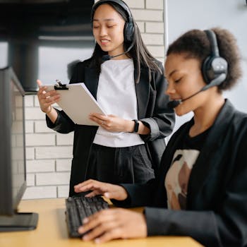 Two women in a call center working with headsets and computers, focusing on customer support.